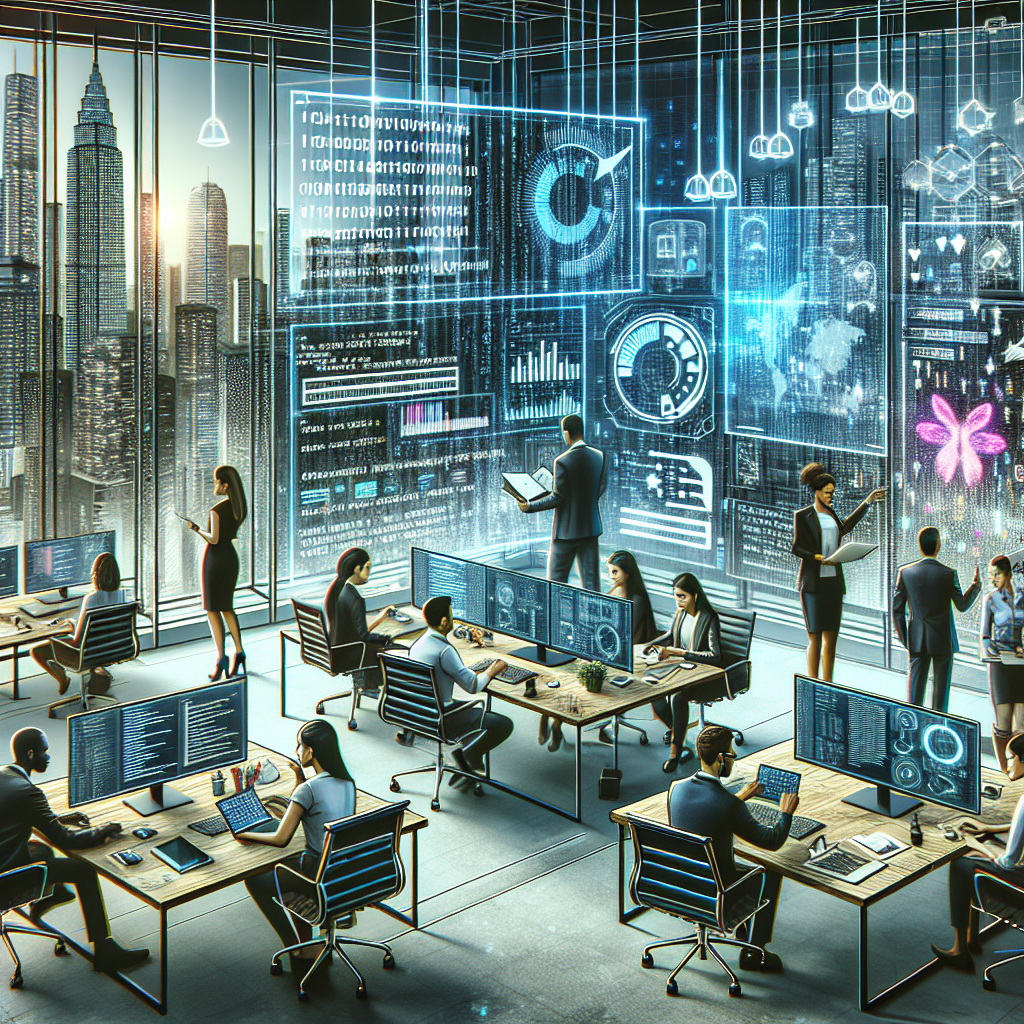 Generate an image depicting a bustling urban office environment in the ICT sector, where a diverse group of highly skilled temporary workers are collaborating on innovative technology solutions. Emphasize the modern, dynamic workspace and cutting-edge technology with futuristic elements.