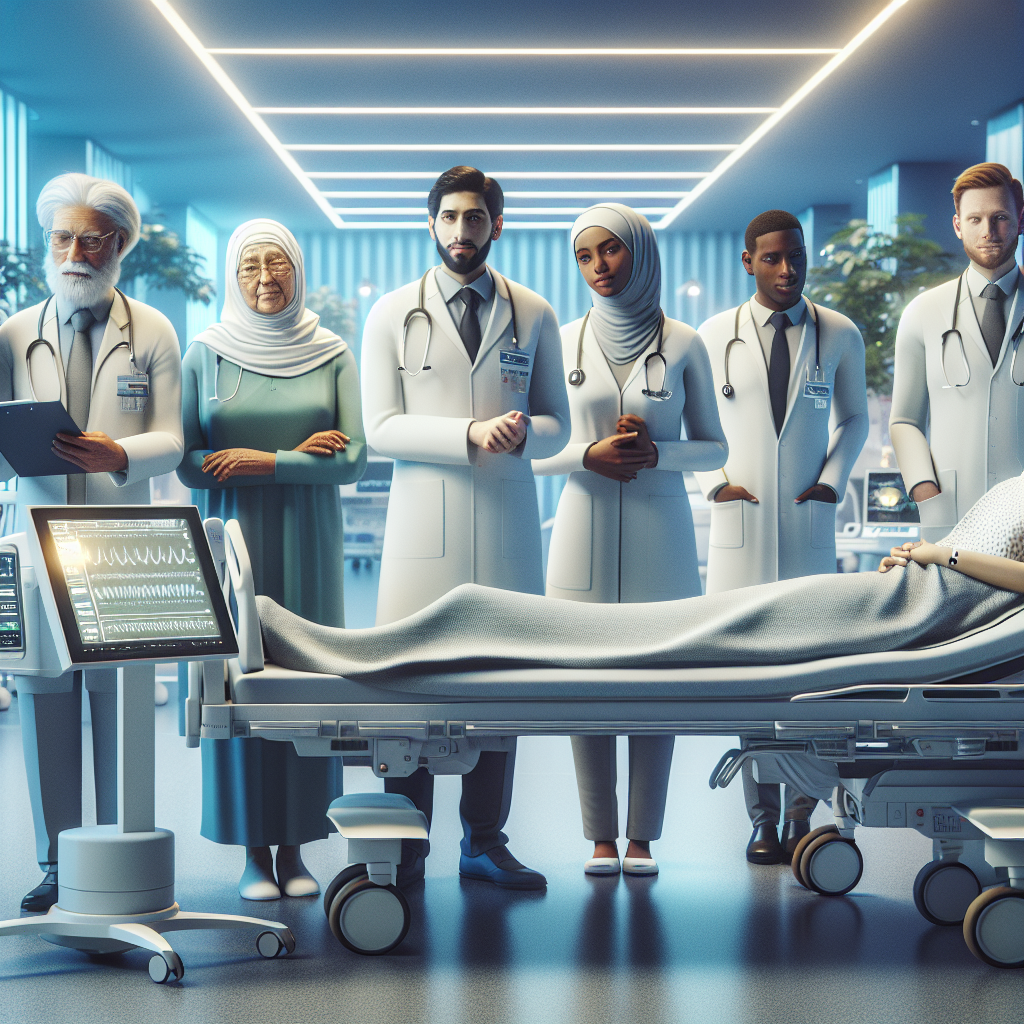 Generate an image of a healthcare setting with highly educated temporary staff providing personalized patient care. Focus on the compassionate interaction between staff and patients, showcasing advanced medical technology and a serene, healing atmosphere.
