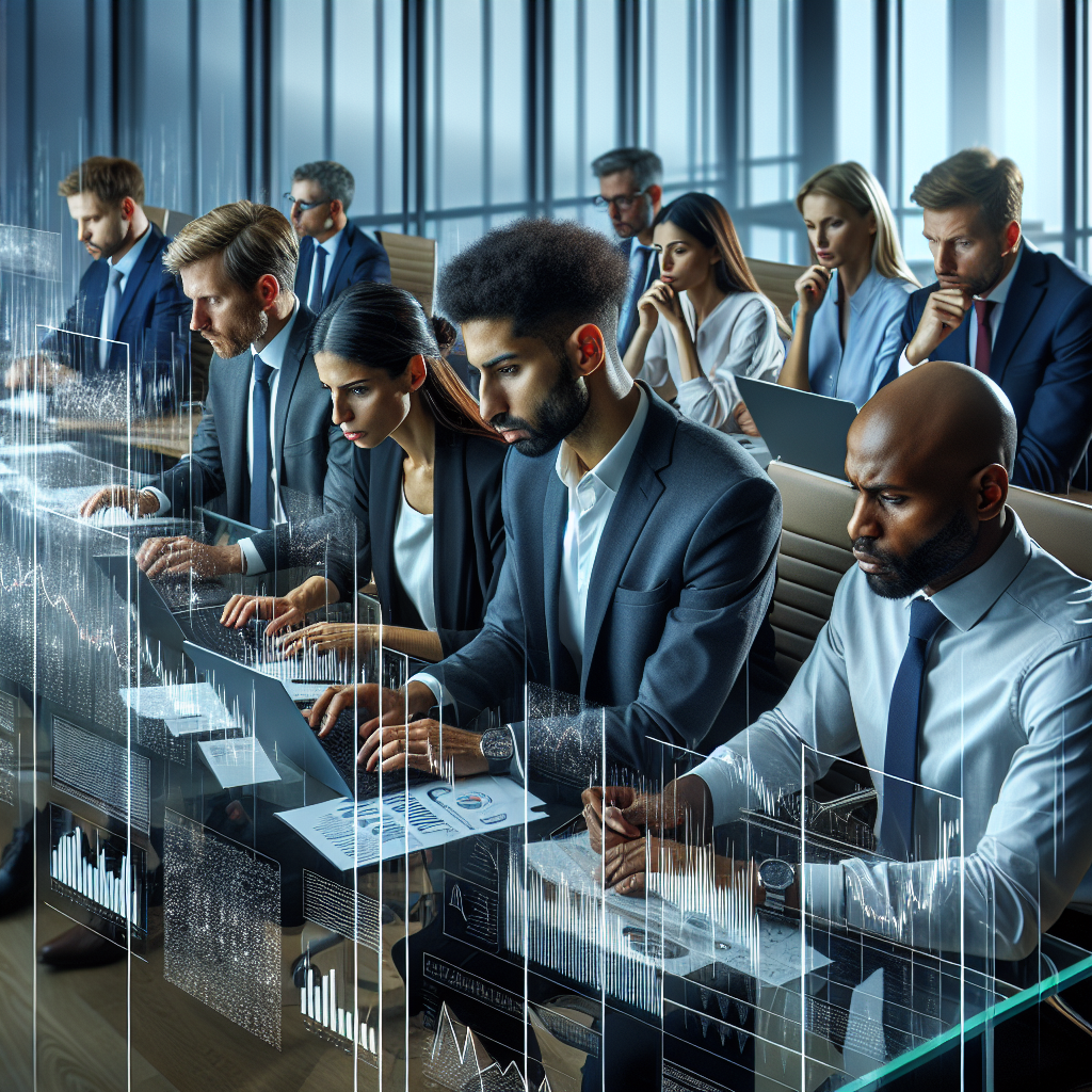 Generate an image of an open-plan financial office with highly skilled temporary professionals analyzing complex financial data. Highlight the focus and intensity of the workers, with graphs and data visualizations projected around them, creating an immersive analytical environment.