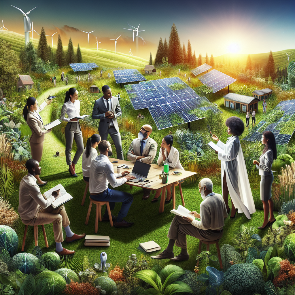 Generate an image of a sustainable development project, where temporary experts in education and environmental science are collaborating. Emphasize the integration of green technology and education, with a lush landscape and solar panels, reflecting innovation and environmental awareness.