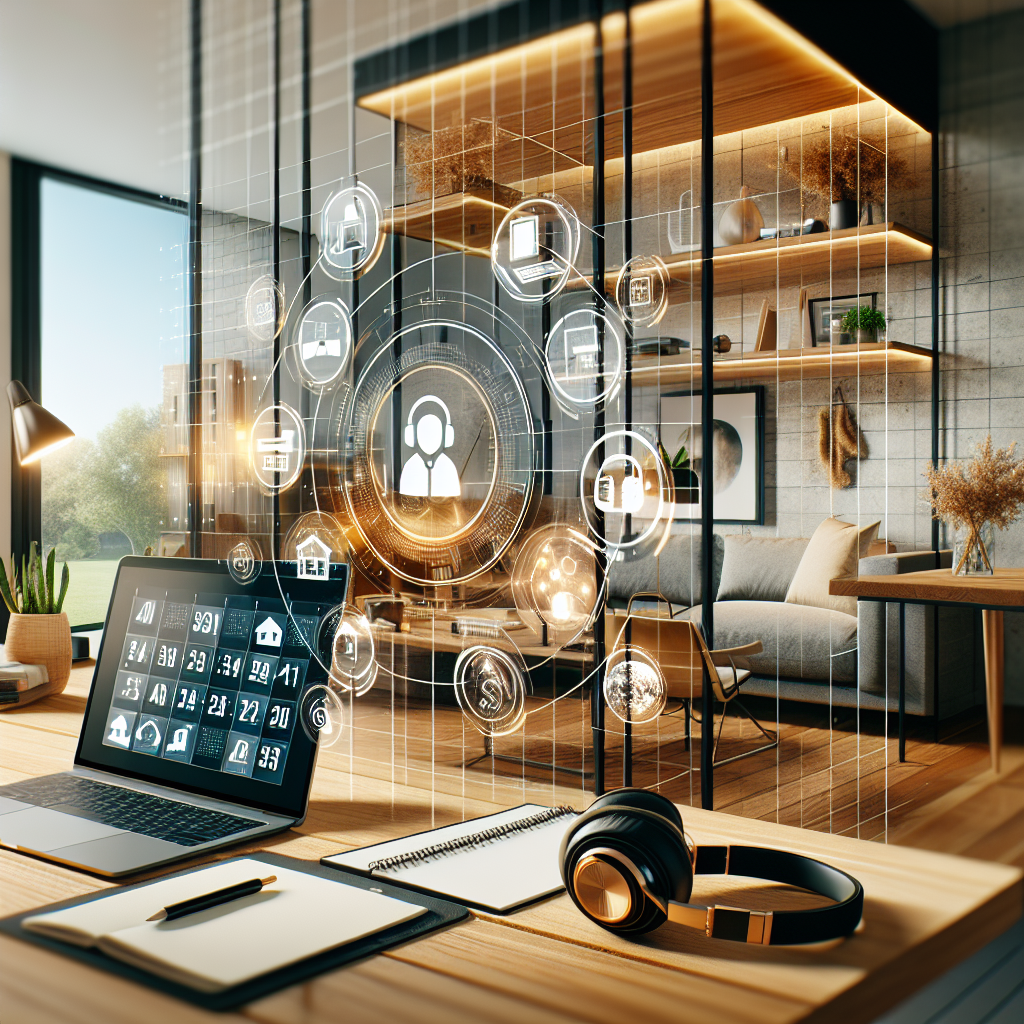 Generate an image of a modern office environment mixed with a home setting, symbolizing the transition to remote work. Incorporate elements like a laptop, headset, and a digital calendar displaying a virtual meeting, illustrating the seamless blend of home and work life.
