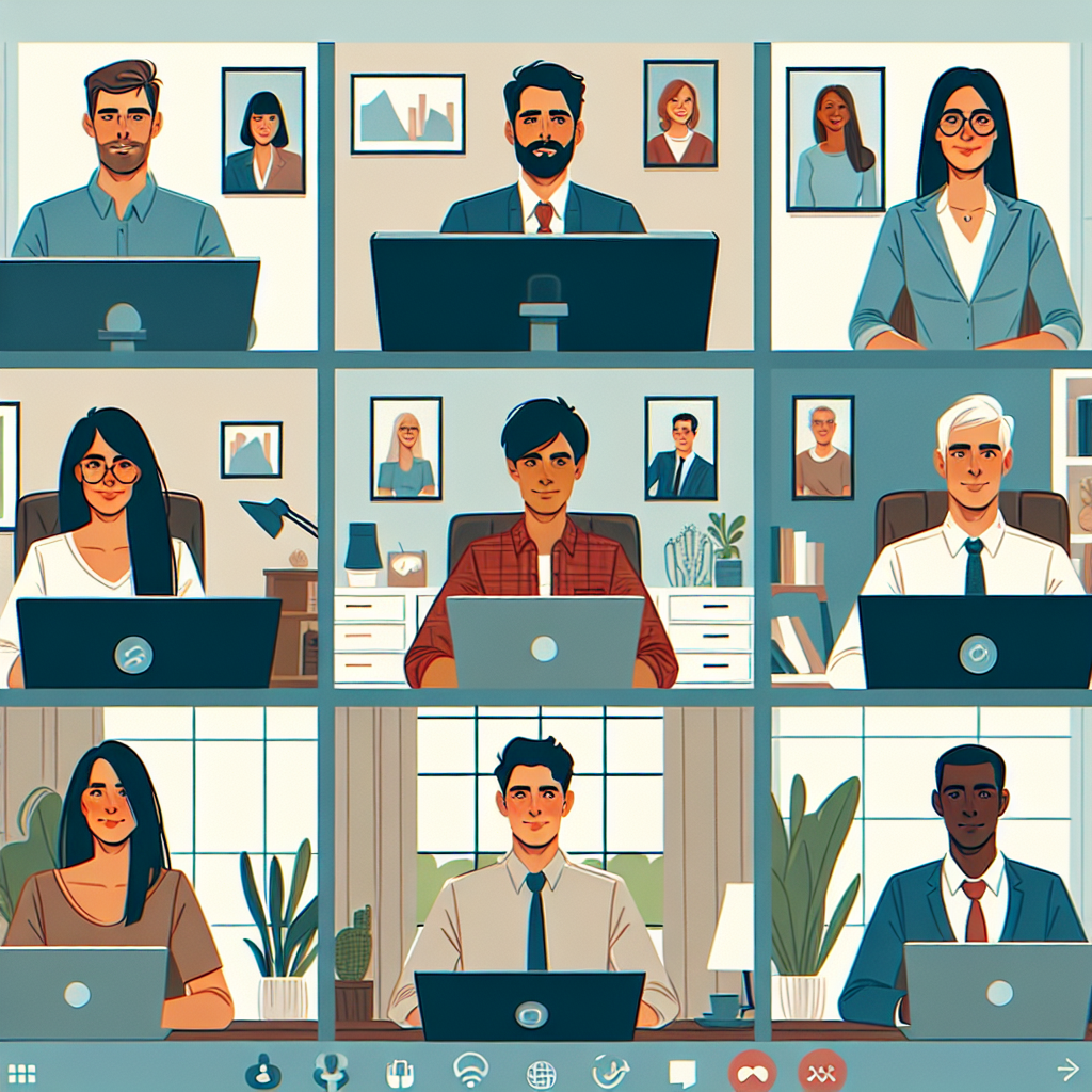 Generate an image of a diverse group of professionals engaging in a virtual team meeting. Show them on a video call, each in their unique home setting, but connected through their computer screens. Emphasize diversity, technology, and collaboration.