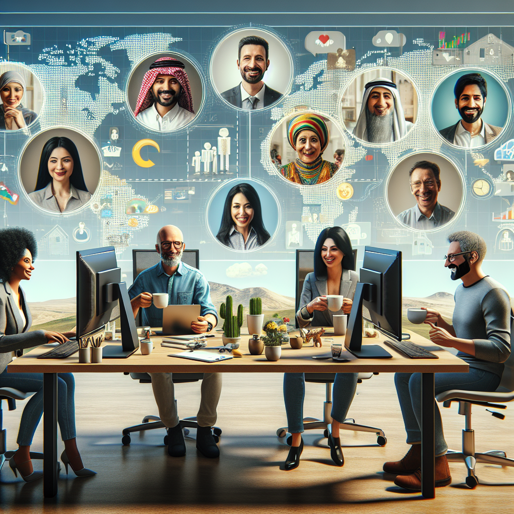 Generate an image of a remote working environment that ensures team cohesion and cultural continuity. Include visuals like a virtual coffee break, digital whiteboards with teamwork notes, and avatars of team members exchanging ideas across different locations.