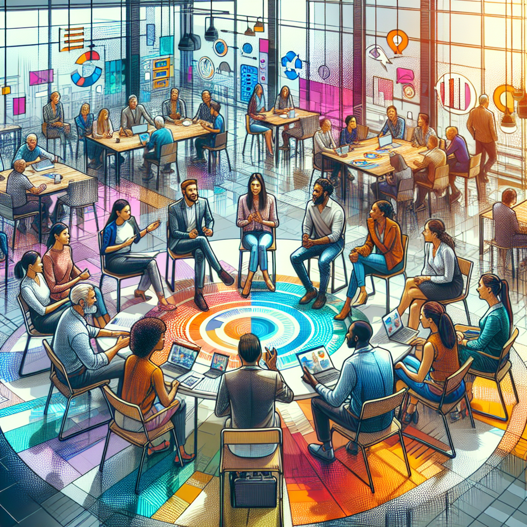 Generate an image of a vibrant and dynamic team meeting in an open co-working space, emphasizing diverse intergenerational and multicultural team members engaging in expressive communication and teamwork. The setting should be colorful and lively, illustrating interpersoonlijke vaardigheden (interpersonal skills).