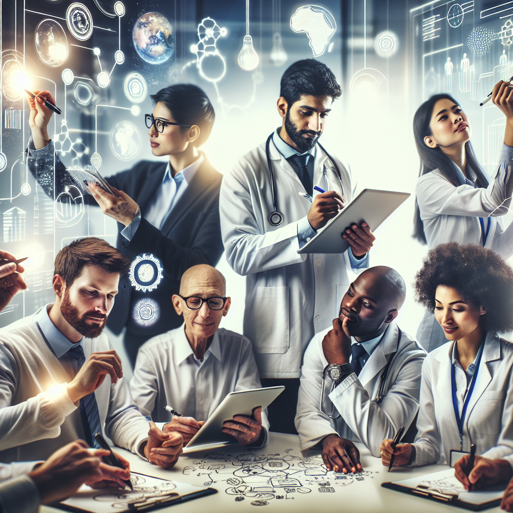 Generate an image of a creative problem-solving session, featuring individuals from various professional backgrounds brainstorming and utilizing whiteboards or digital tablets. The focus should be on innovation, solutions, and the energy of collaboration, capturing the essence of probleemoplossend vermogen (problem-solving ability).