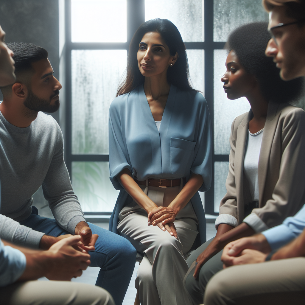Generate an image of a serene and empathetic leader guiding their team through a difficult situation. The leader is actively listening and providing support, with a visual emphasis on understanding and connection, symbolizing emotionele intelligentie (emotional intelligence) in leadership.