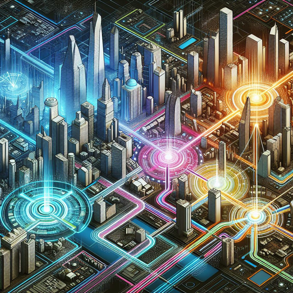 Generate an image of a futuristic cityscape where various market sectors are visually represented by iconic symbols, with pathways connecting them to symbolize strategic entry and growth. The scene should have a vibrant color scheme representing opportunities and growth.