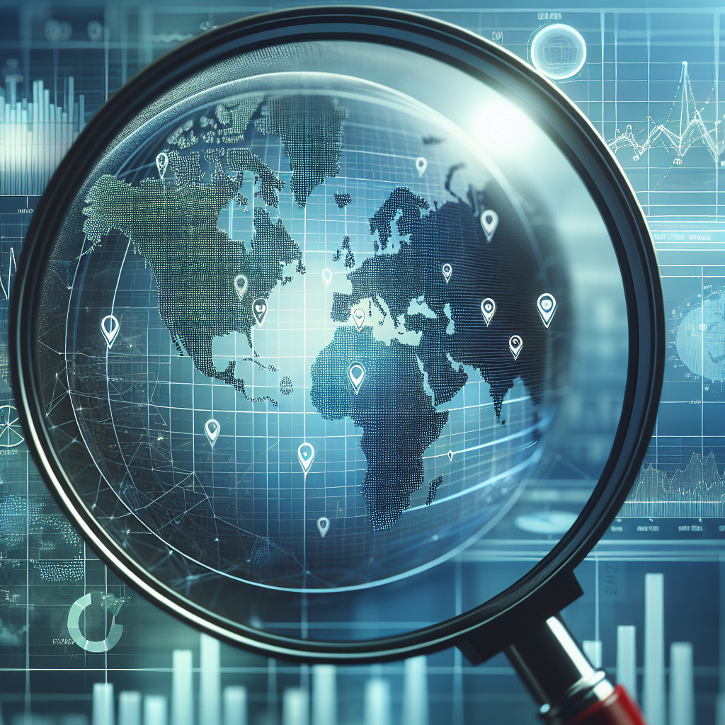 Generate an image showing a magnifying glass over a digital map, with markers highlighting emerging markets. Incorporate graphs and charts in the background, symbolizing data analysis and market research. The style should be modern and tech-oriented.