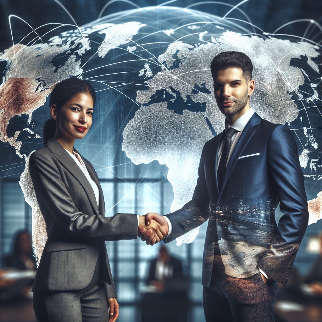 Generate an image of two business partners shaking hands in the foreground, with an expansive world map in the background pinpointing various strategic partnerships across continents. The focus is on collaboration and global reach, with a corporate and professional aesthetic.