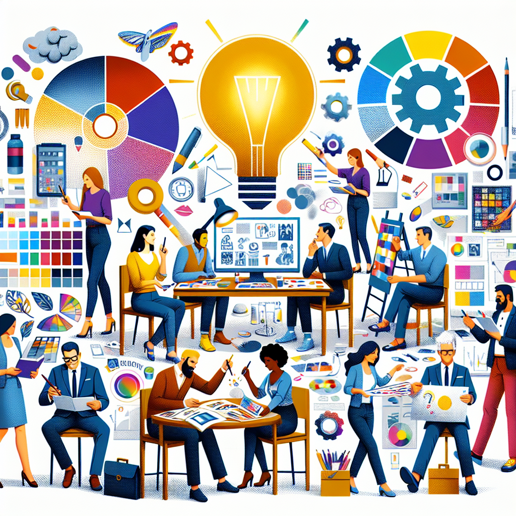 Generate an image of a brand-building workshop, with diverse teams of people surrounded by creative tools like color palettes, mood boards, and branding books. The setting is dynamic and collaborative, reflecting the process of strengthening brand identity in new markets.