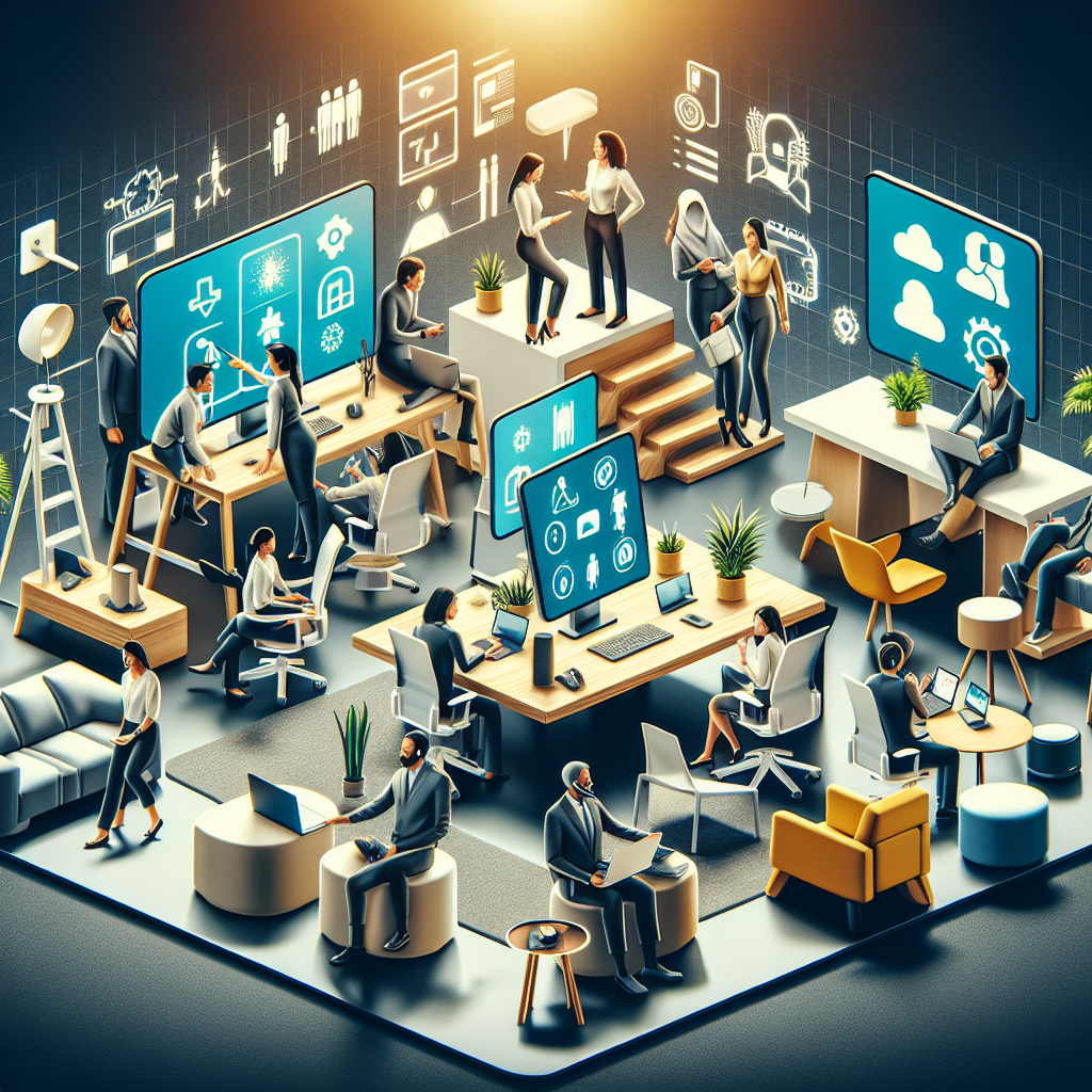 Generate an image depicting the future of workspaces, showcasing a flexible working environment. Include elements like modular furniture, virtual meeting screens, and a diverse group of employees collaborating remotely and in-person, blending technology and a cozy yet professional aesthetic.