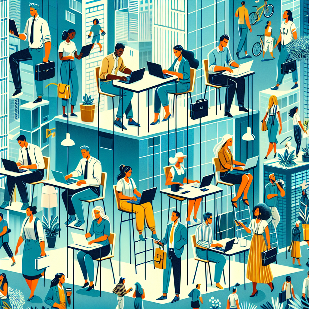 Generate an image of the gig economy in action, focusing on a bustling urban landscape where freelancers are working from cafes, co-working spaces, and public parks. Capture the diversity and hustle of gig workers using laptops, tablets, and smartphones.