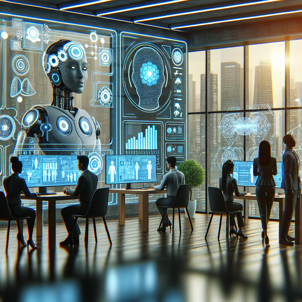 Generate an image illustrating technological integration in recruitment, featuring a futuristic office with AI-driven tools such as automated candidate screening monitors, VR interview setups, and digital dashboards for analytics. Display a hiring team engaging with these advanced technologies.