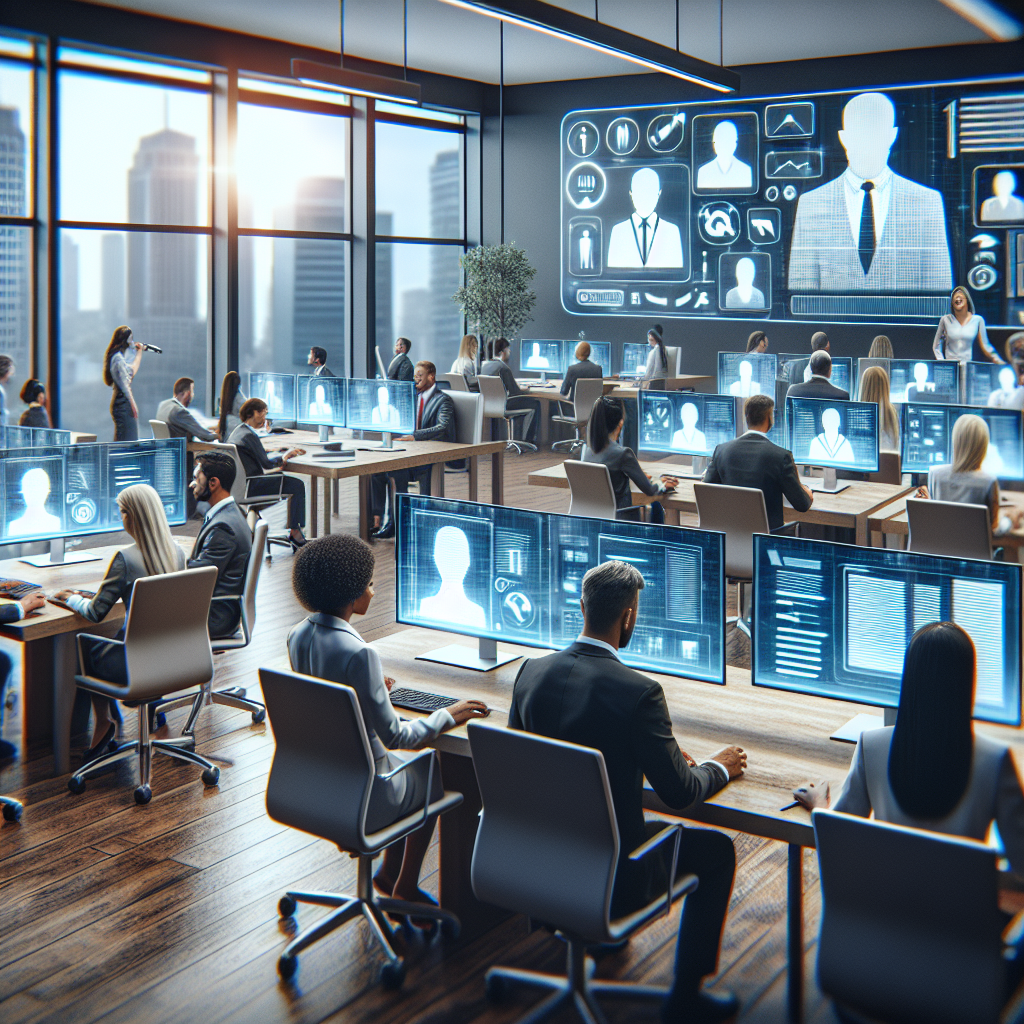 Generate an image of a dynamic office environment in an employment agency where recruiters are engaging with clients and candidates both in-person and virtually. The setting should be modern, with sleek computers and digital interfaces visible, illustrating the integration of technology in recruitment.