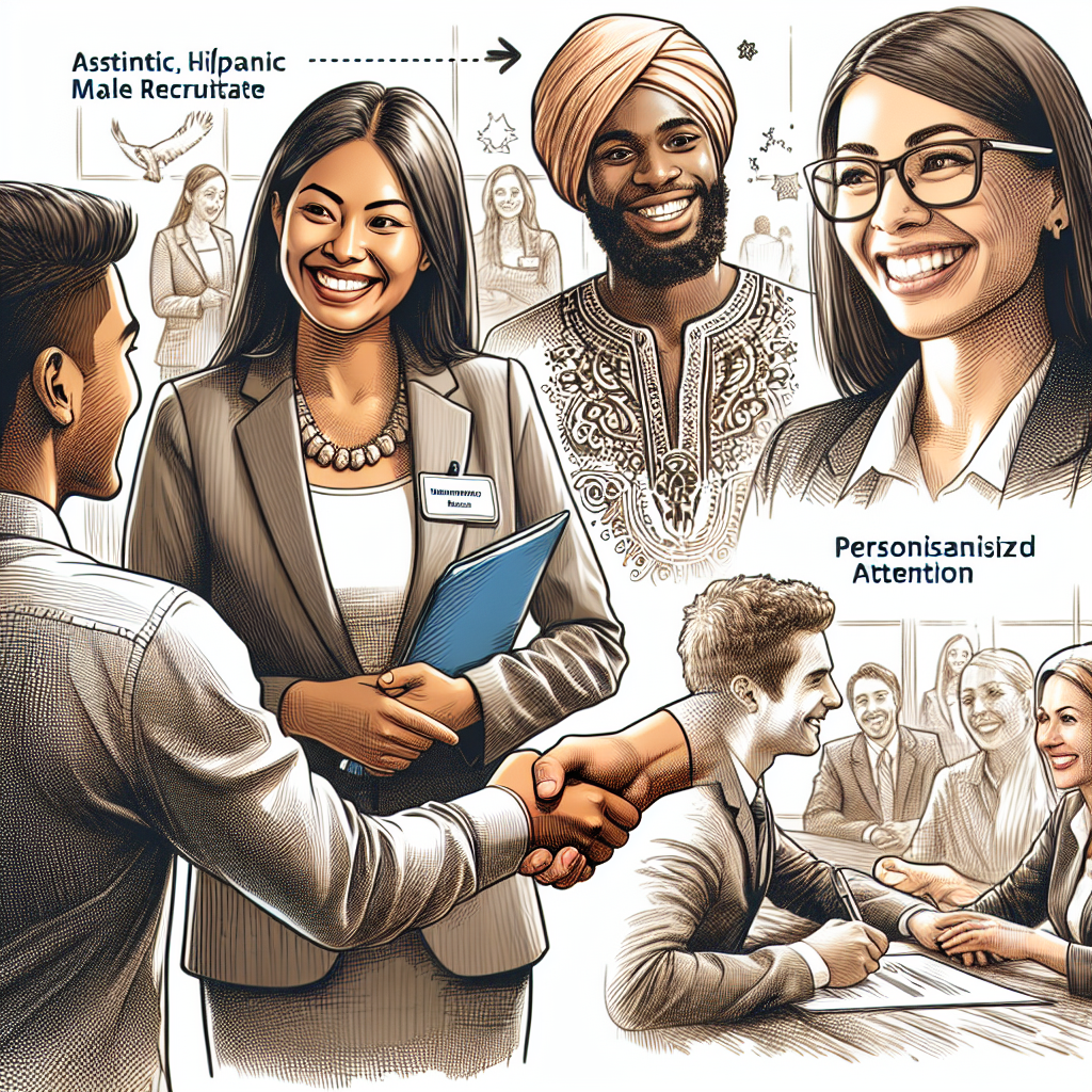 Generate an image focusing on a positive candidate experience. Depict a diverse group of candidates enthusiastically interacting with recruiters in a welcoming and inclusive environment, highlighting personalized communication and support throughout the recruitment process.