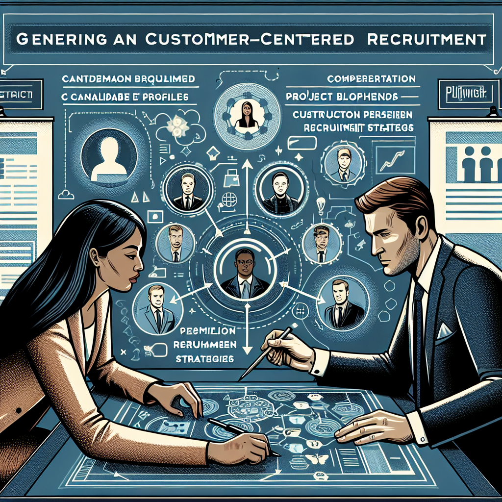 Generate an image of a creative concept that represents customer-centric recruitment. Show a recruiter and a client collaboratively working on a strategy board filled with candidate profiles and project plans, emphasizing collaboration, understanding client needs, and crafting tailored recruitment solutions.