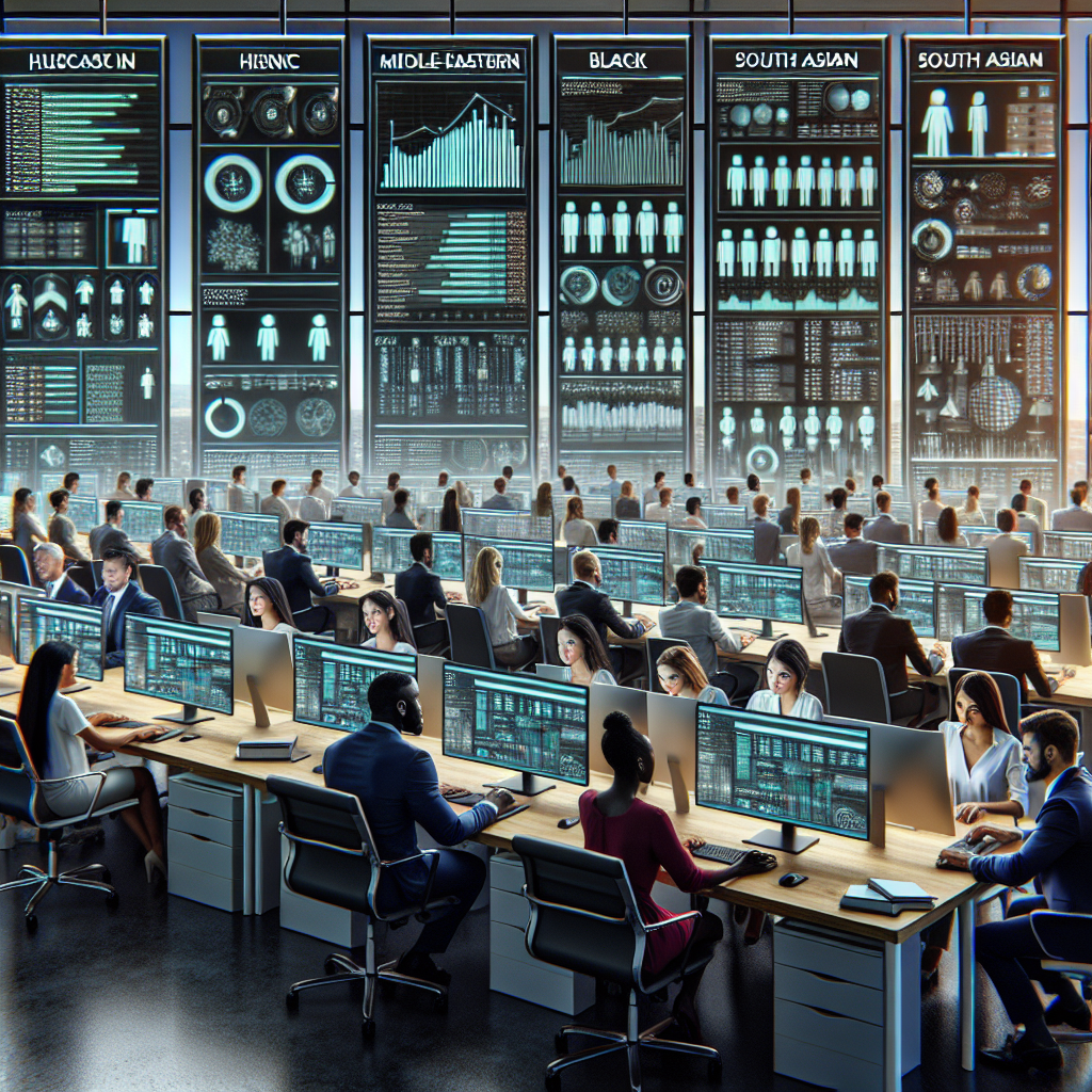Generate an image of a bustling office environment where a team of recruitment specialists is working on computers, analyzing candidate data on large digital screens, showcasing a sense of organization and efficiency. The room is filled with charts and graphs that reflect the intelligence of a structured recruitment strategy.