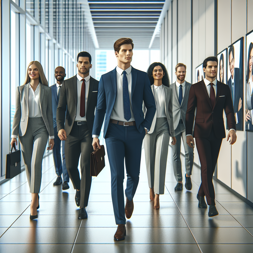 Generate an image depicting a diverse group of high-quality candidates walking through a modern office corridor. They are all smiling and confident, representing the success of a well-implemented recruitment strategy in attracting top talent. The corridor is lined with motivational posters about career growth and success.
