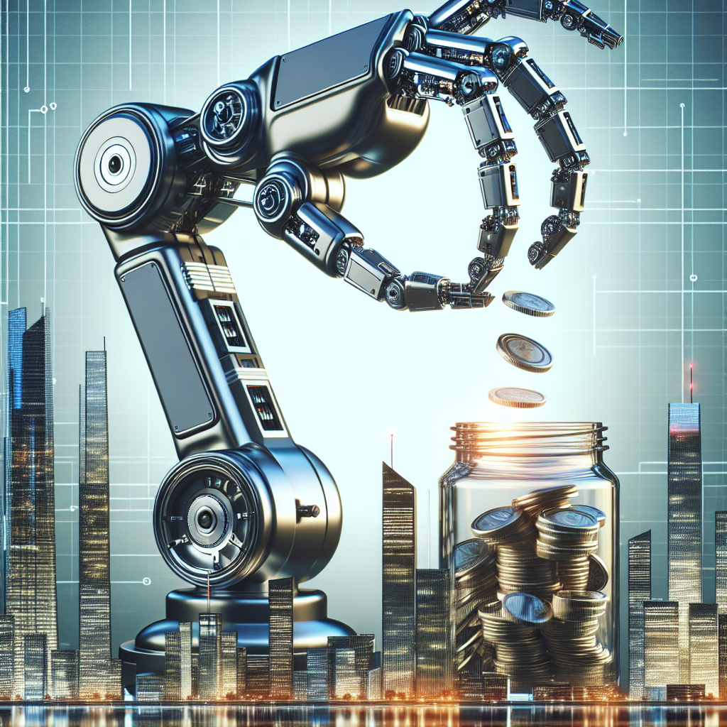 Generate an image of a futuristic robotic arm placing stacked coins into a glass jar labeled 'Cost Savings.' The scene reflects the financial benefits of a structured recruitment strategy, combining technology and efficiency. The background shows a digital cityscape, symbolizing economic growth and innovation.