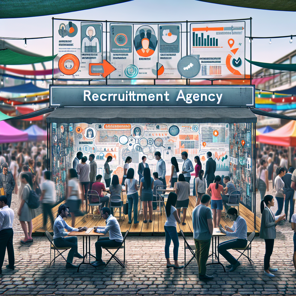 Generate an image of a vibrant marketplace, where a recruitment agency booth stands out with bright banners and happy candidates engaging with recruiters. The booth is filled with digital tablets displaying real-time candidate data and testimonials, reflecting a strong presence in the market and a positive candidate experience.