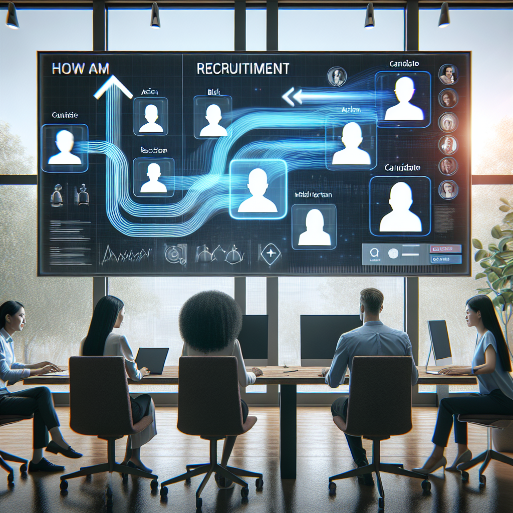 Generate an image of a modern office environment showcasing a fast-paced recruitment process. The scene includes diverse team members collaborating around a digital recruitment dashboard with animated graphics illustrating candidate profiles rapidly moving through stages, symbolizing speed and efficiency in hiring.