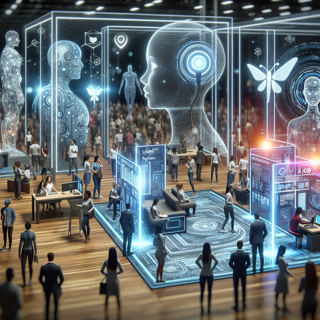 Generate an image of a futuristic recruitment fair with digital elements. Include potential candidates engaging with VR headsets, interactive displays, and AI chatbots. Highlight the seamless blend of technology with human interaction to attract top talent quickly without sacrificing quality.