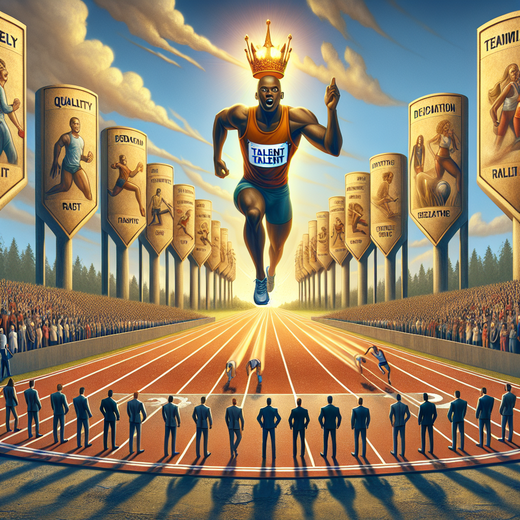 Generate an image of a metaphorical race where recruiters are depicted as marathon runners sprinting towards a finish line banner that reads 'Top Talent'. Surroundings should include positive motivational signs like 'Quality Matters' and stunning visuals of a diverse group of candidates ready to be selected.