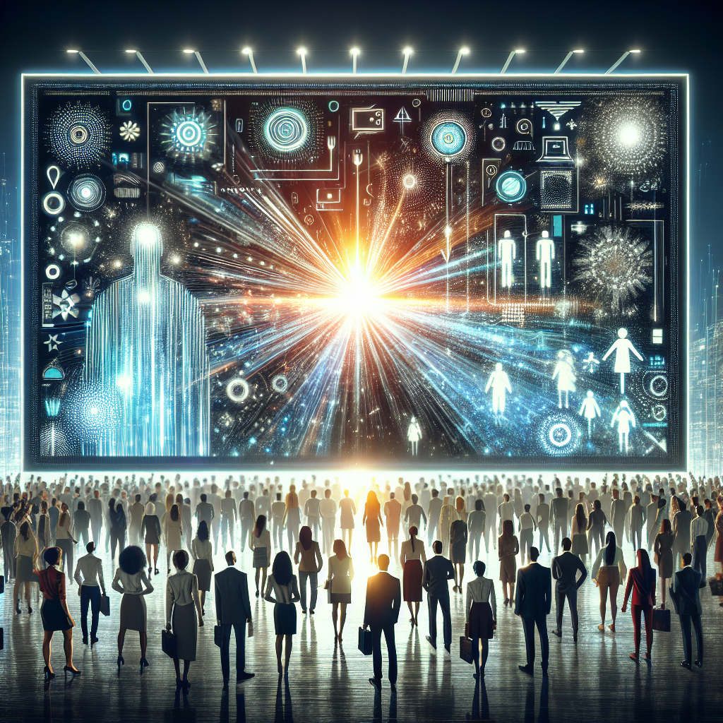 Generate an image of a vibrant and appealing employer brand presentation. Visualize a dynamic scene with employer brand elements such as company values and employee testimonials illustrated on a glowing, digital billboard attracting groups of talented individuals. The atmosphere should convey a sense of innovation and appeal.