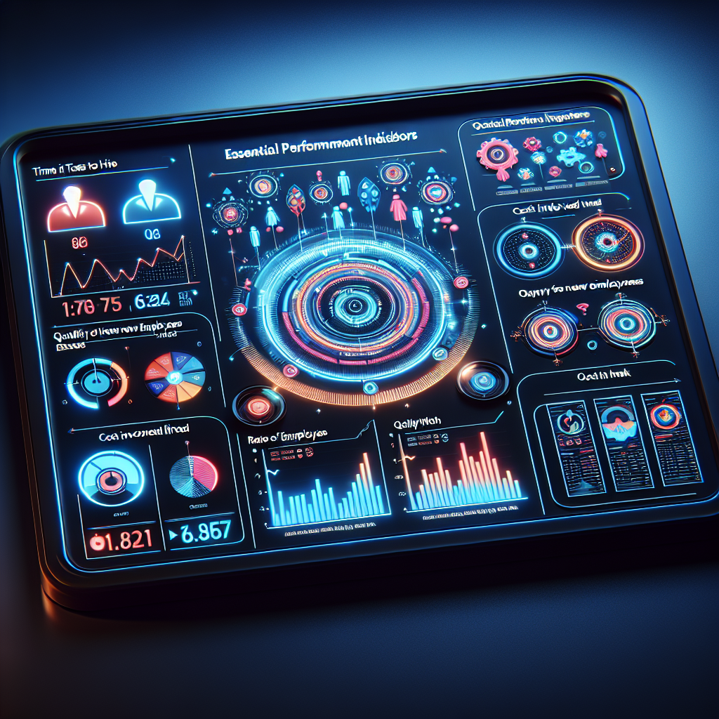 Generate an image of a data-driven recruitment dashboard displaying essential KPIs such as 'Time to Hire', 'Quality of Hire', 'Cost per Hire', 'Hiring Rate', and 'Source Quality'. The dashboard should be modern and sleek, with colorful graphs and charts on a futuristic digital display.
