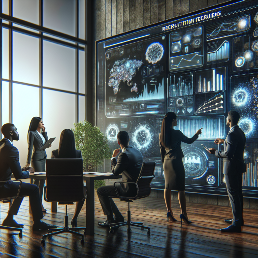 Generate an image illustrating recruiters in an office setting, analyzing a giant digital screen filled with dynamic charts and graphs representing recruitment KPIs. The setting should have a corporate yet innovative atmosphere, with diverse professionals engaged in collaborative discussion.
