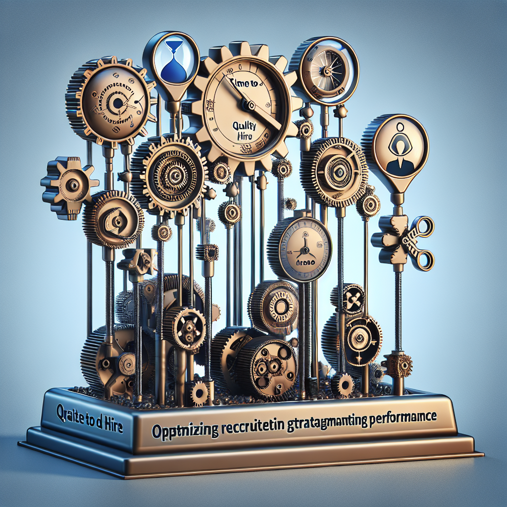 Generate an image of a metaphorical representation of optimizing recruitment processes, depicted as a complex, high-tech machine. The machine should be composed of gears and dials labeled with various KPIs like 'Time to Hire', 'Quality of Hire', etc., symbolizing a data-driven strategy enhancing performance.