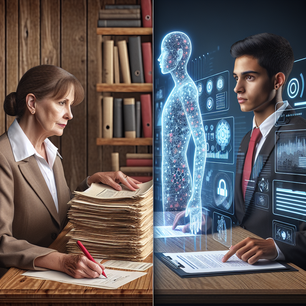 Generate an image showing a creative comparison between traditional and modern recruitment methods. On one side, depict a classic recruiter with paper resumes, and on the other, a digital-savvy recruiter using AI-driven tools and analytics to evaluate KPIs, highlighting the evolution in recruitment strategies.