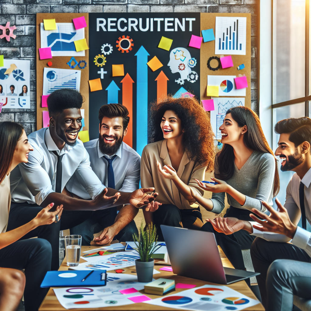Generate an image illustrating a diverse team of recruiters engaged in a lively brainstorming session in a creative workspace. The atmosphere is vibrant, with sticky notes, charts, and laptops scattered around, emphasizing the importance of clear role definition and teamwork.
