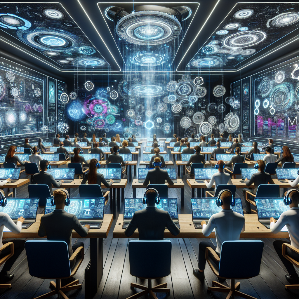 Generate an image of a futuristic training room where recruiters are participating in a continuous learning workshop. The room is equipped with virtual reality headsets, digital whiteboards, and interactive learning modules, showcasing the integration of technology in enhancing recruiter skills.