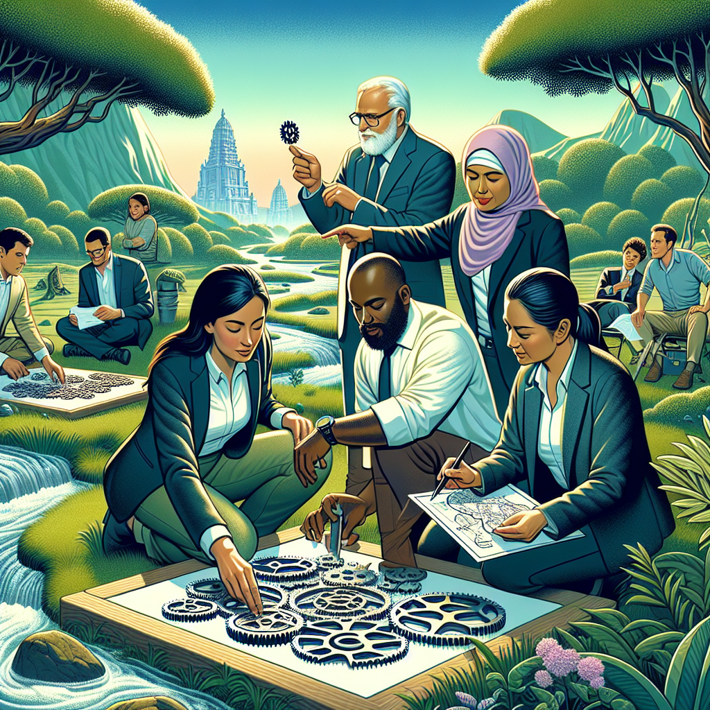 Generate an image of a team-building outdoor activity for recruiters, set in a picturesque natural landscape. The recruiters are seen working together to solve a puzzle or complete a challenge, symbolizing the importance of team-building in achieving optimal recruitment results.
