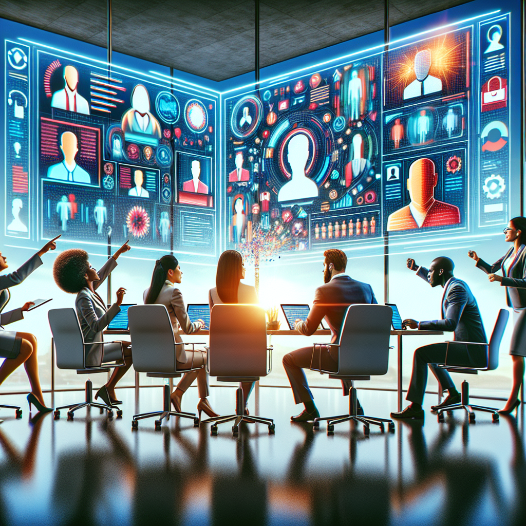Generate an image of a busy recruitment agency office, showcasing a diverse team of recruiters energetically discussing and matching potential candidates on a big interactive digital board, with profiles and skills visible. The scene should be vibrant and modern, reflecting the dynamic nature of talent acquisition.