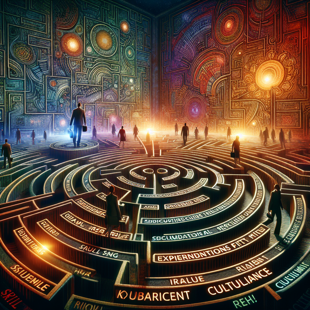 Generate an image depicting a metaphorical journey of talent acquisition, visualized as a complex, colorful maze. Recruiters are seen navigating this maze, with paths labeled with keywords like 'Skill', 'Experience', 'Culture Fit', and 'Compliance'. The atmosphere is both challenging and exciting, representing the intricacies of the recruitment process.