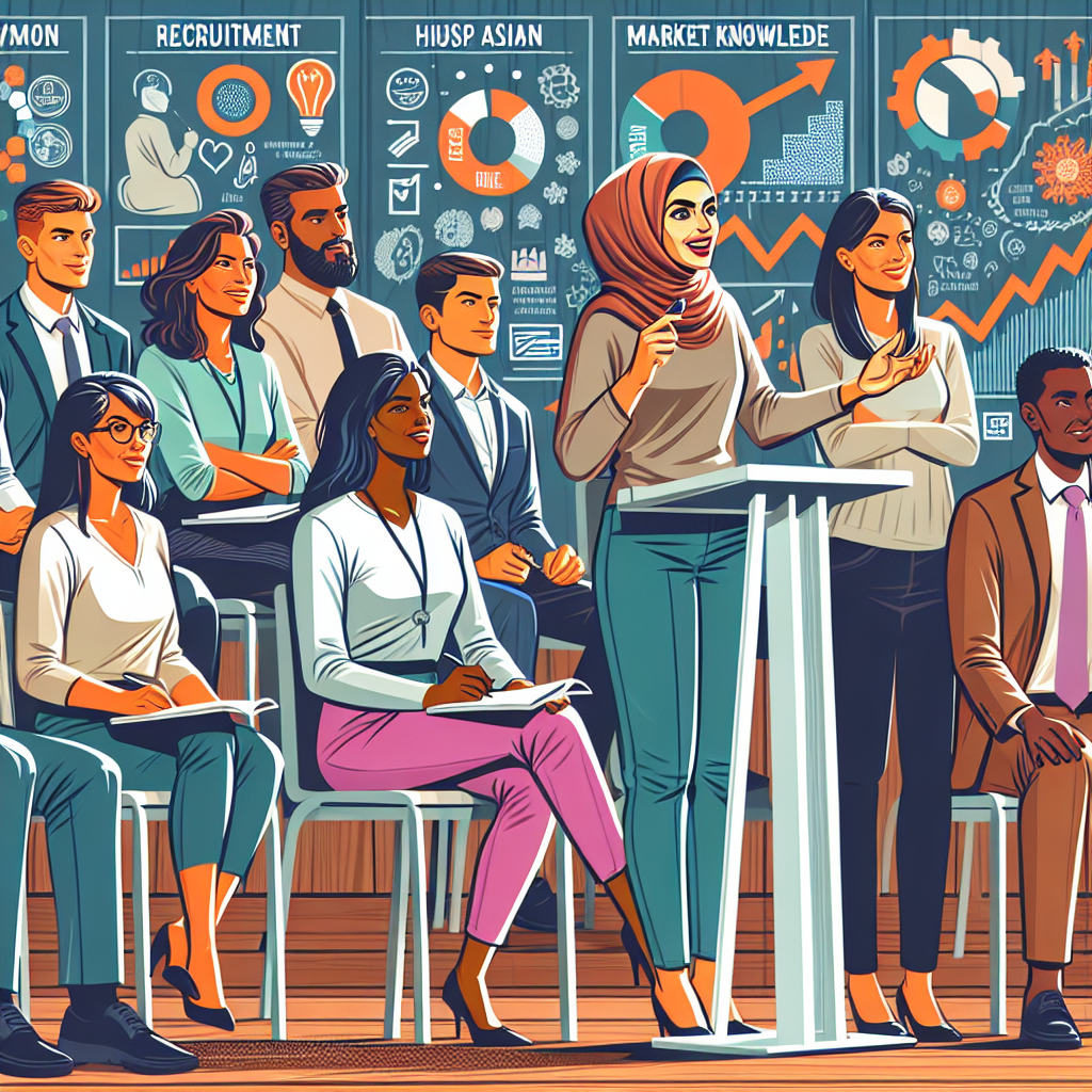 Generate an image of a vibrant seminar or workshop setting, focusing on a speaker explaining recruitment strategies. Attendees from diverse backgrounds are engaged, taking notes and discussing. The backdrop features charts and insights about market knowledge and business culture.