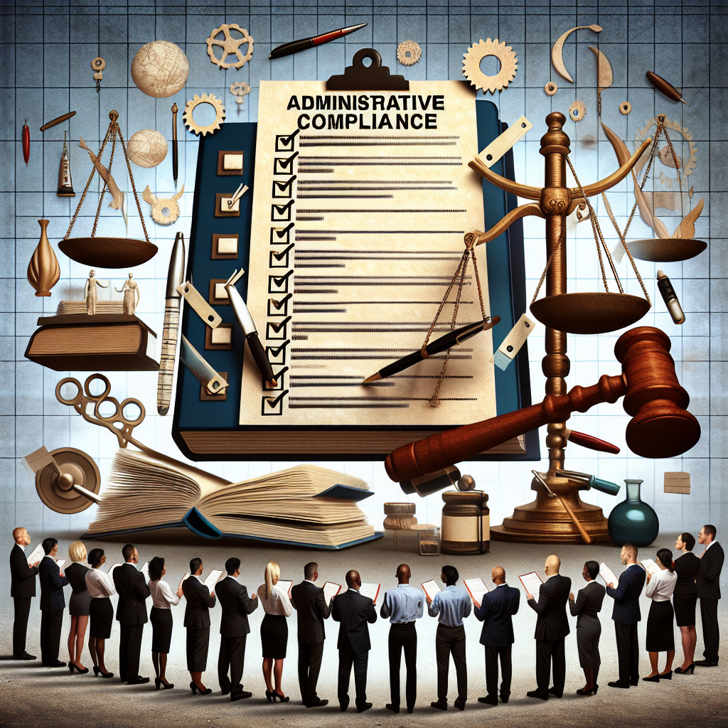 Generate an image illustrating the concept of administrative compliance in recruitment, showing a giant checklist or document with sections ticked off, surrounded by symbols of law and order like gavel, scales, and books. Recruiters are seen examining these symbols critically, signifying the importance of legal adherence in the process.