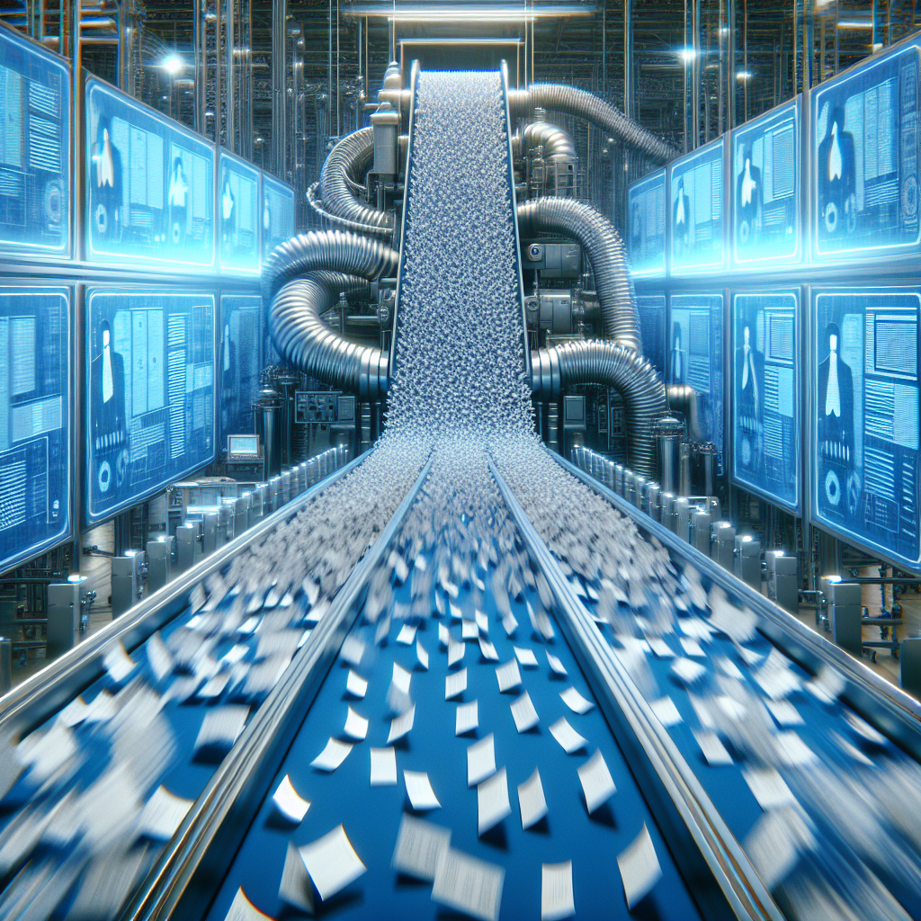 Generate an image depicting a high-speed conveyor belt with resumes flowing rapidly towards a futuristic screening machine, symbolizing the acceleration of the recruitment process while maintaining quality. The setting is a sleek, modern office space with digital display panels showcasing candidate profiles being evaluated efficiently.