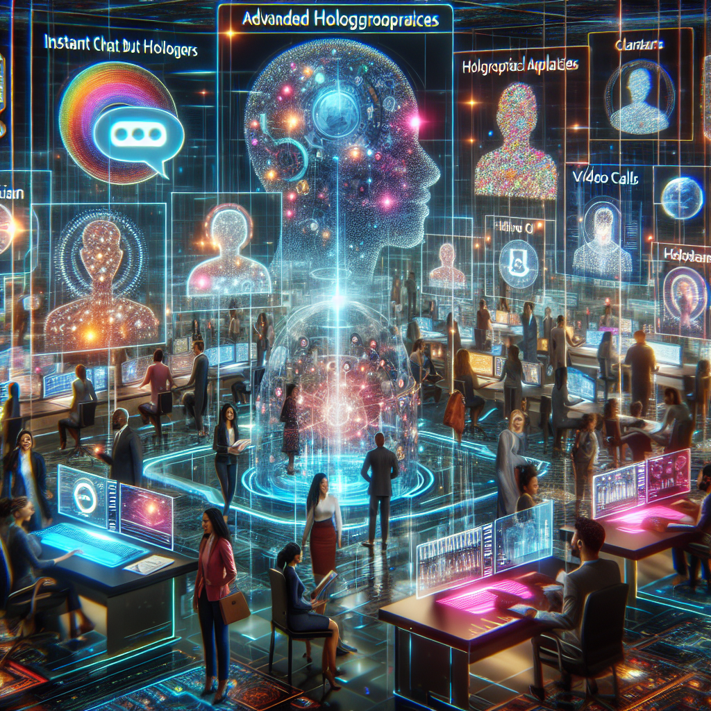 Generate an image of a vibrant, digital communication hub where recruiters and candidates are exchanging messages through holographic interfaces. The scene is bustling with dynamic visuals of instant chat bubbles, video calls, and calendared appointments, representing improved communication in recruitment.