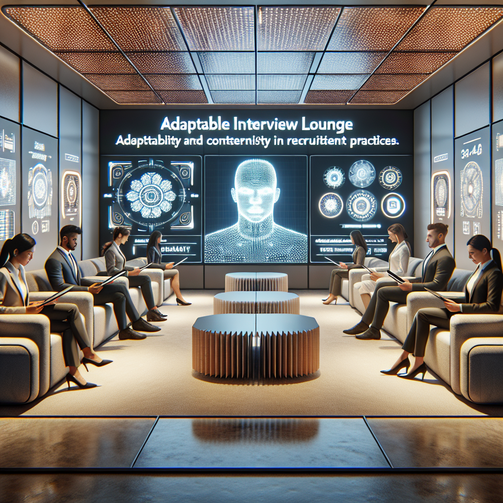 Generate an image showing a flexible interview lounge with modular furniture and interactive digital screens, where candidates are engaging in virtual reality assessments. This innovative space should convey adaptability and modernity in the interview process, highlighting the flexibility in recruitment.