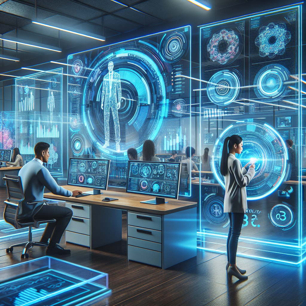 Generate an image of a futuristic recruitment office with data-driven dashboards displaying candidate analytics. The scene should be vibrant and modern, showcasing holographic screens and diverse professionals analyzing data to optimize hiring processes.