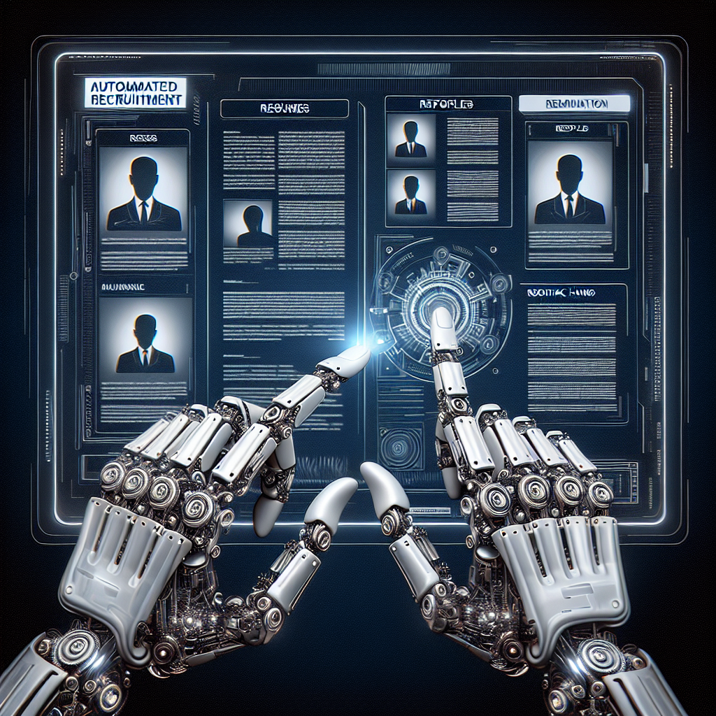 Generate an image of an automated recruitment process depicted through robotic hands sifting through resumes and profiles on a digital interface. The style should be cybernetic and sleek, highlighting the efficiency brought by automation in recruitment.
