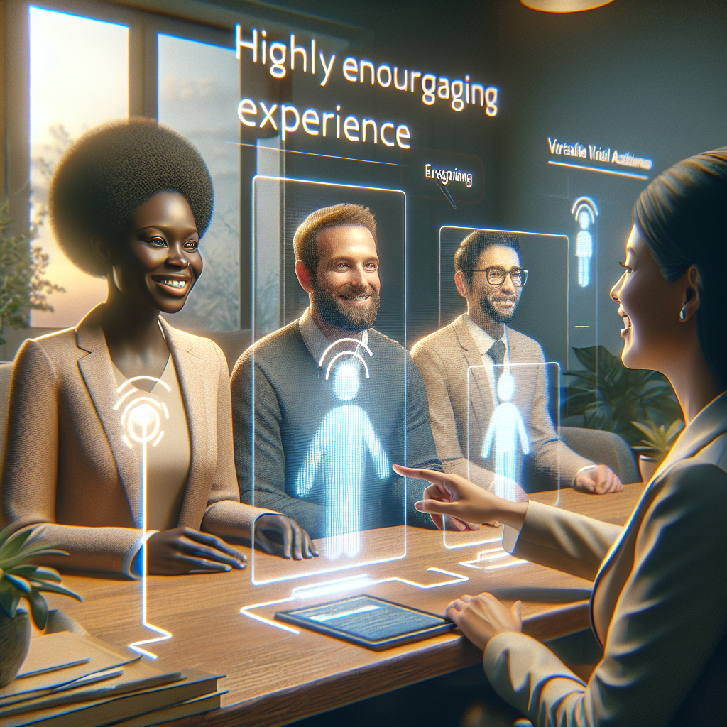 Generate an image of a positive candidate experience in recruitment, showing candidates being guided by virtual assistants through a seamless onboarding process. The art style should be warm and inviting, with a focus on technology enhancing human interaction.