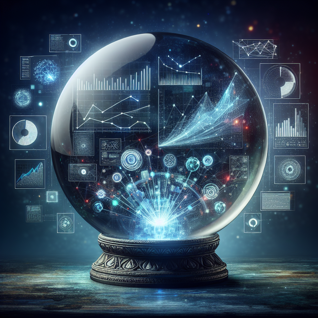 Generate an image of predictive analytics in recruitment, illustrating a crystal ball filled with digital data points and graphs, symbolizing insights and foresights guiding better hiring decisions. The mood should be mystical yet data-driven, merging fantasy with technology.