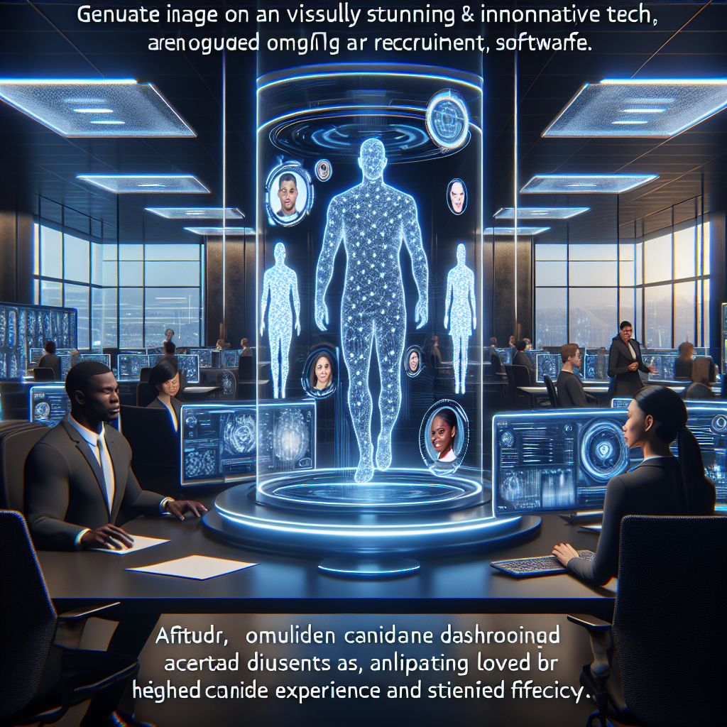 Generate an image of a futuristic office space where recruitment software is visualized as a digital interface, with recruiters interacting seamlessly with holographic dashboards to streamline processes. The scene includes diverse candidates being efficiently guided through a virtual pipeline, symbolizing enhanced candidate experience and efficiency.