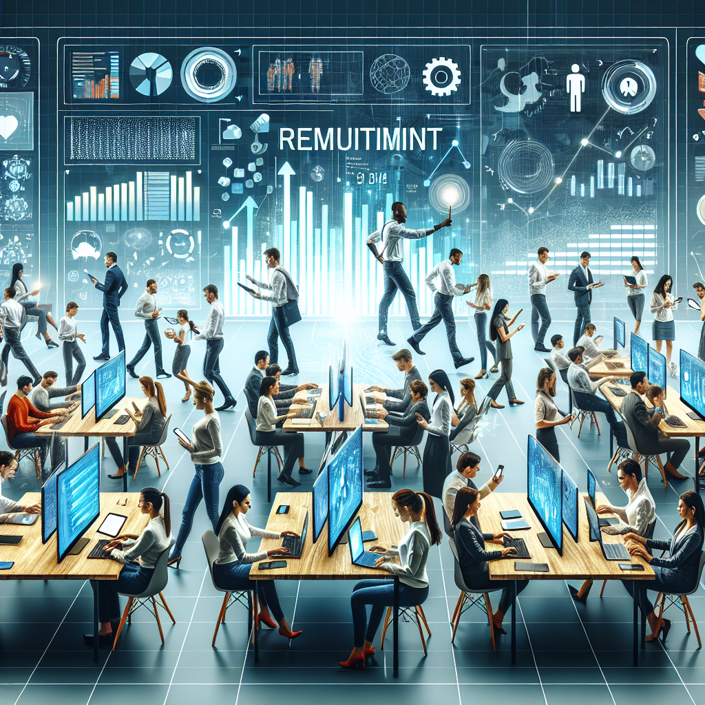 Generate an image of a bustling modern workplace where team members use tablets and smartphones for automated decision-making in recruitment. The digital screens display graphs and metrics, symbolizing data-driven decisions. The environment reflects a sense of collaboration and modern technology in hiring practices.
