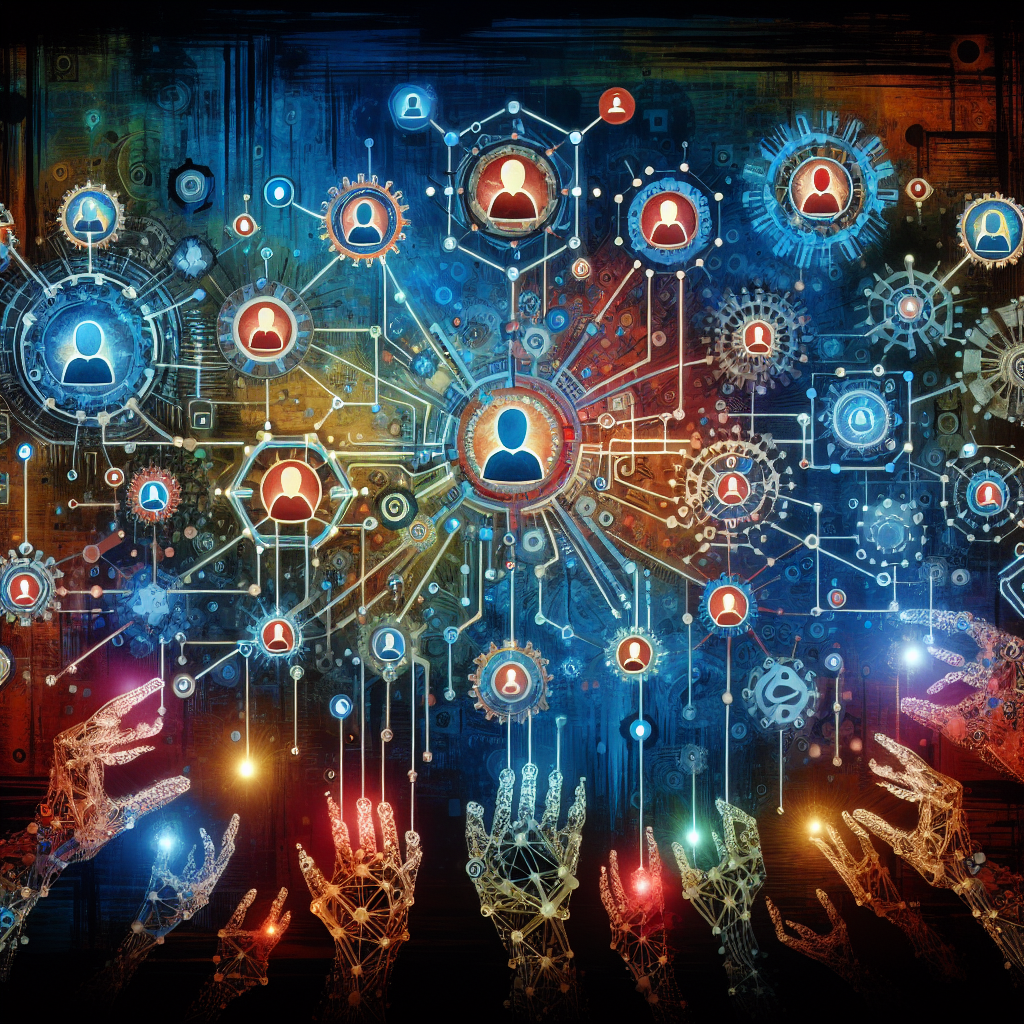 Generate an image depicting a vibrant digital network connecting recruiters and candidates through recruitment software, visualized as a web of interconnected nodes and pathways. The background includes abstract symbols of automation, such as gears and robotic hands, illustrating the transformative power of technology in talent acquisition.