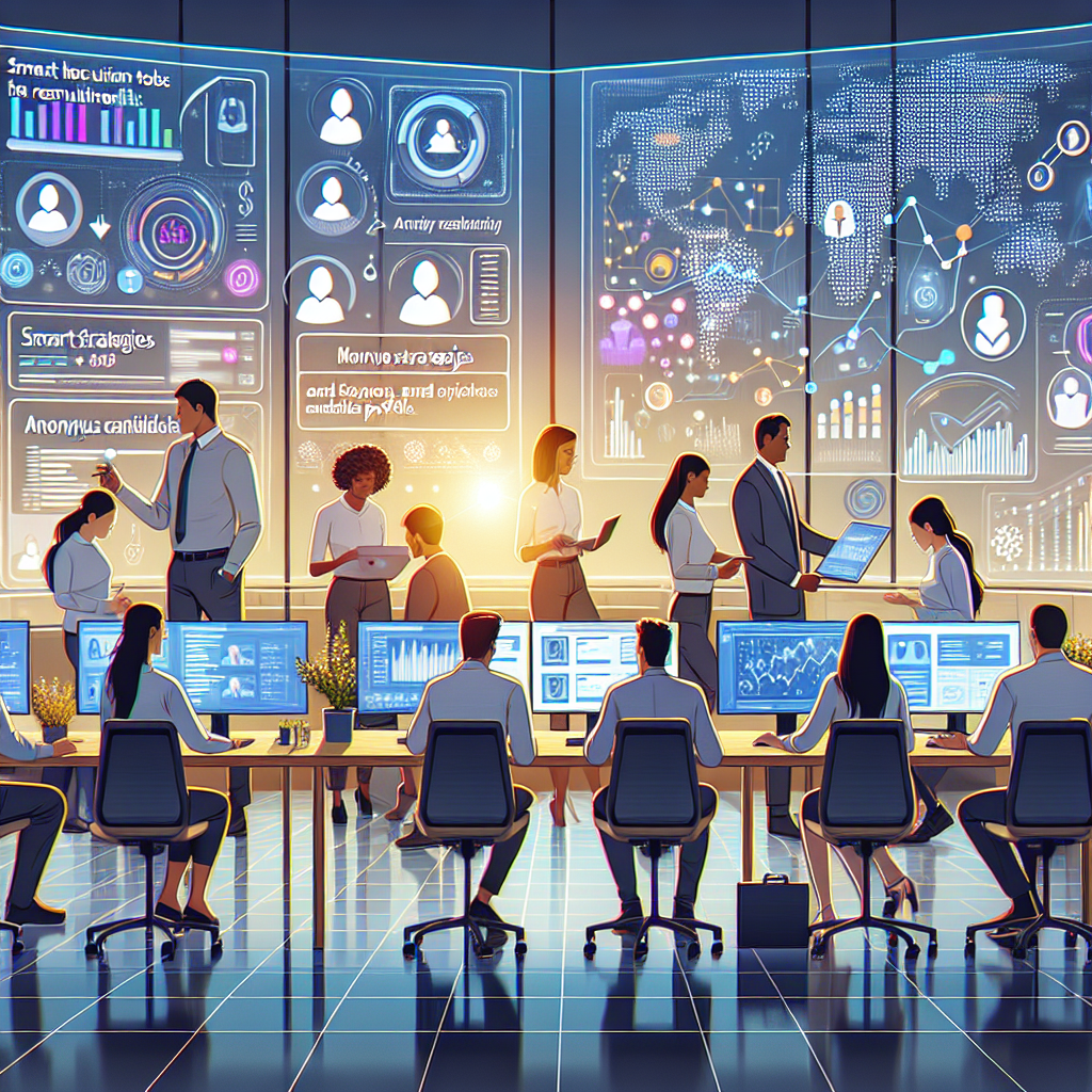 Generate an image of a collaborative workspace where diverse recruitment teams work together using advanced software tools. Large interactive screens show analytics and candidate profiles. The scene represents improved collaboration and smart strategies in recruitment, with a bright and dynamic atmosphere to reflect the success in the modern labor market.